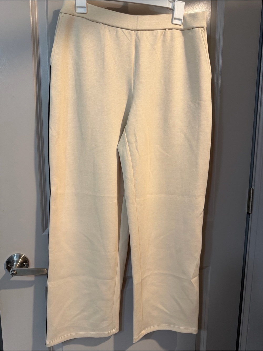 Susan Graver Weekend  Cream Straight-Leg Knit Pants with black stripe down sides